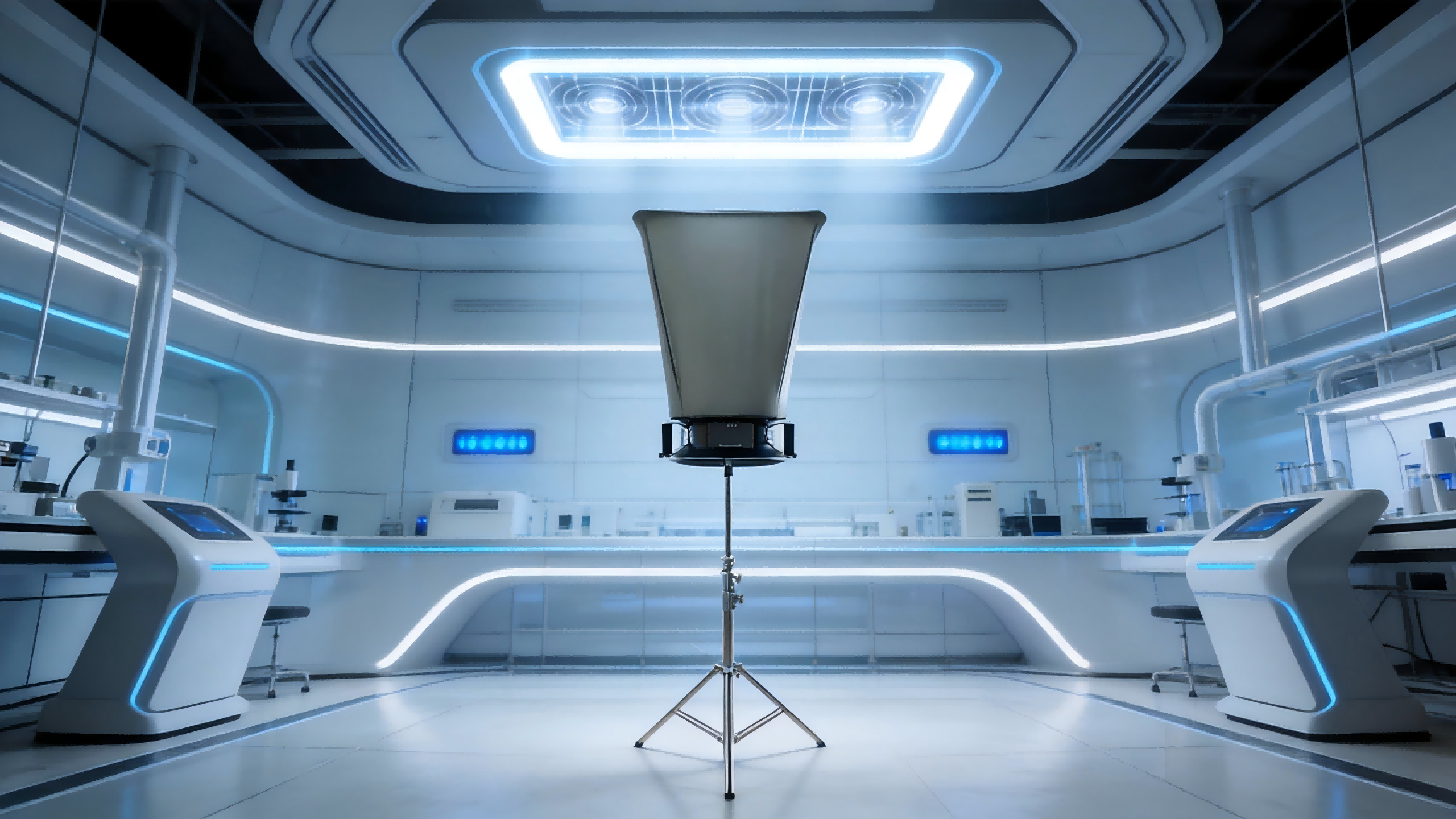 jimeng-2026-02-05-7193-在一个充满科技感的未来派实验室中，图中的风量罩立于三脚架上，正对着天花板的一个发...(1).png
